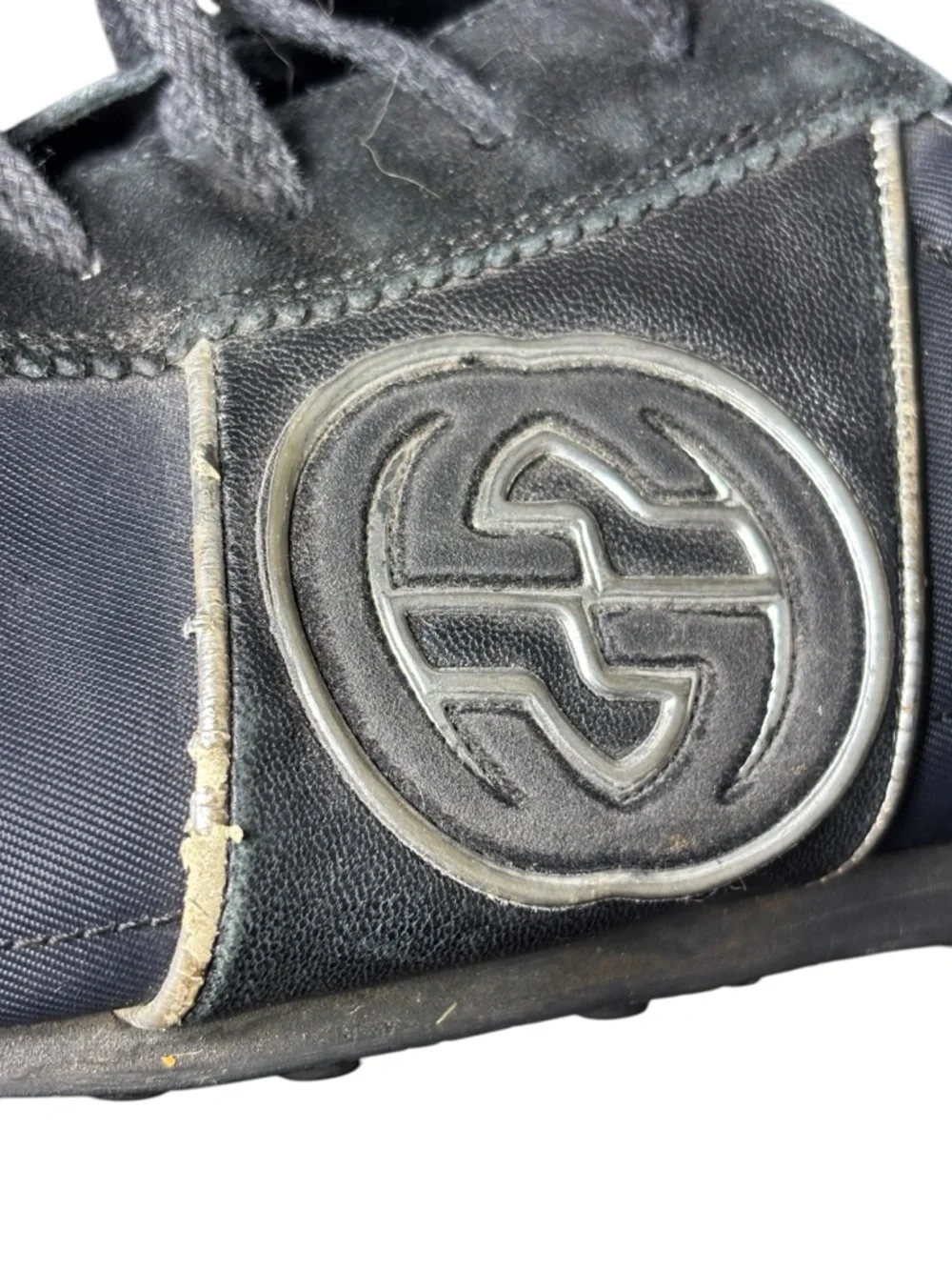 Gucci GG Logo Low Top Sneakers‎ Black Leather Suede Mens 12 G Italy Vintage Y2K